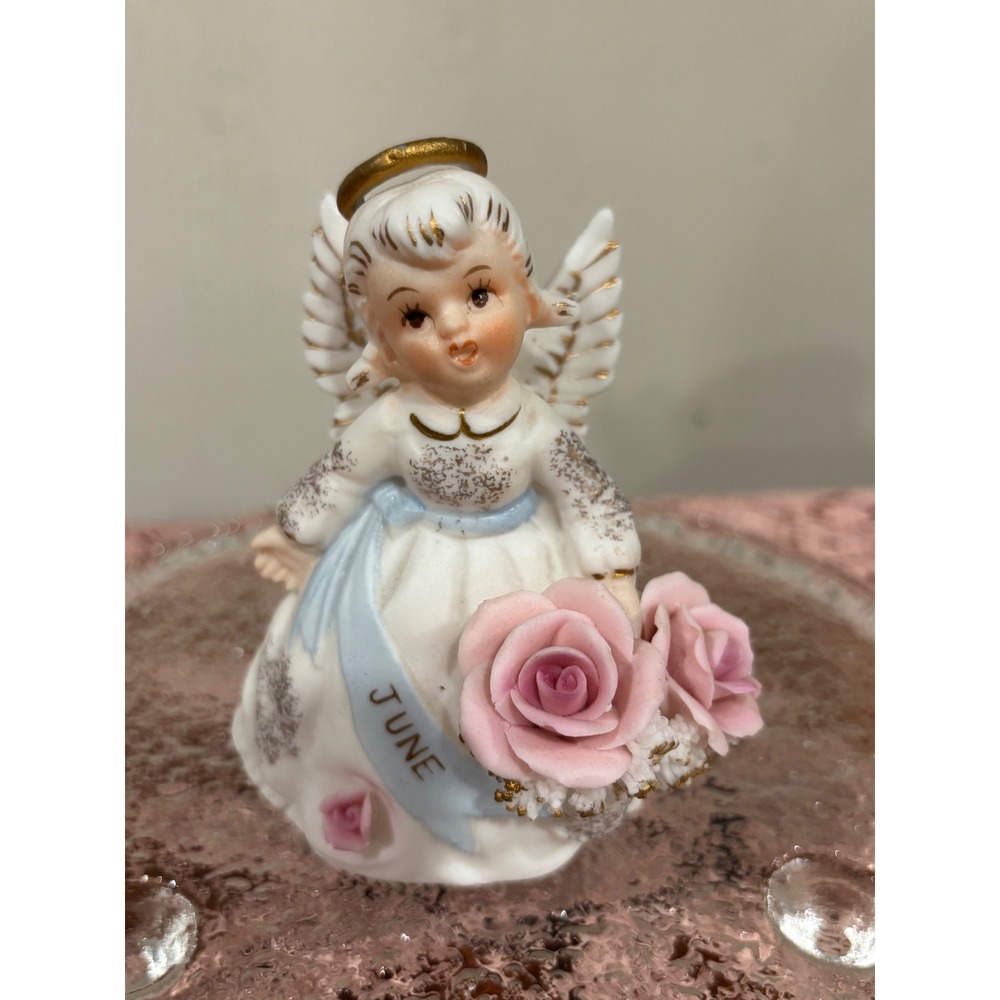 Vintage Lefton June Birthday Angel Figurine 3332 Pink Roses Gold Accents Japan